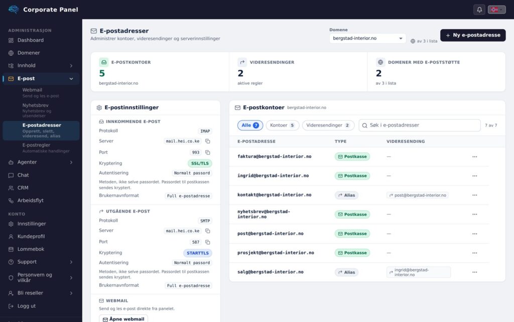 E-postkontoer og serverinnstillinger for det valgte domenet.