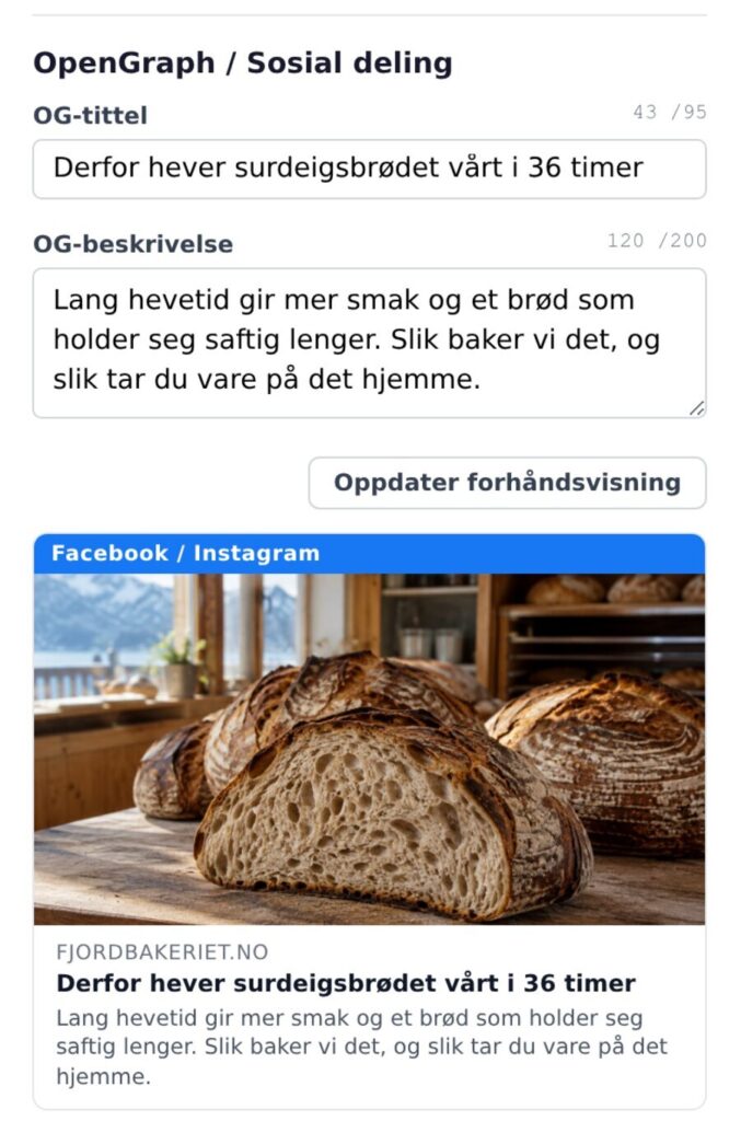 OpenGraph-tittel, delingstekst og forhåndsvisning for Facebook i AI Innhold i Corporate Panel