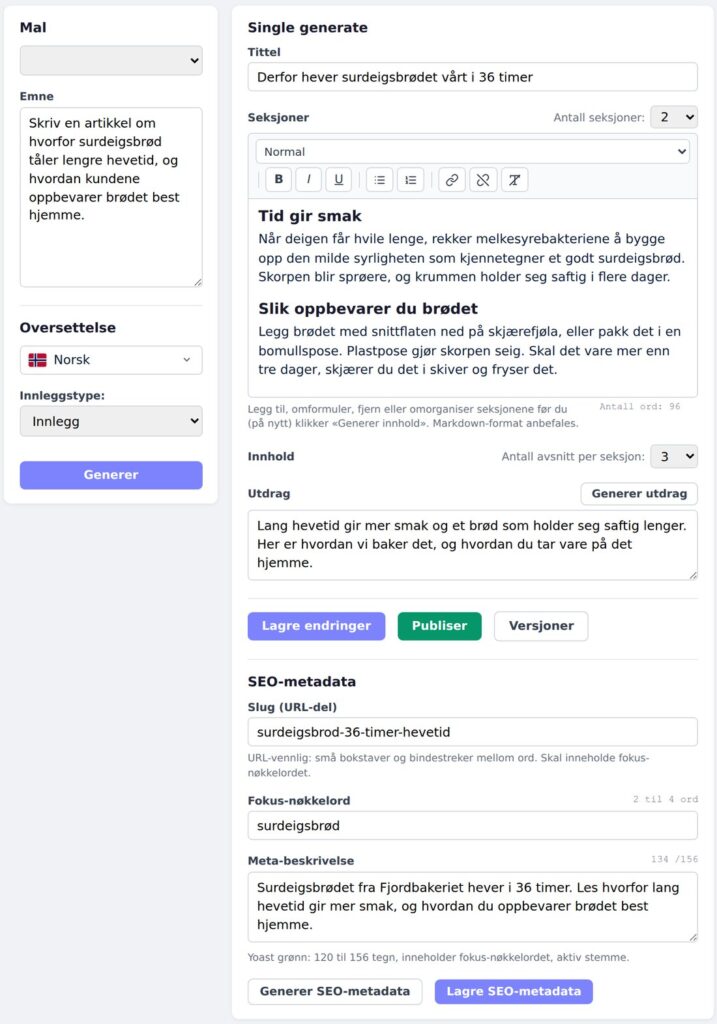 Artikkel under redigering i AI Innhold i Corporate Panel, med tekstredigering og SEO-felt