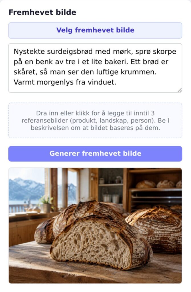 Fremhevet bilde av surdeigsbrød generert fra en beskrivelse i AI Innhold i Corporate Panel